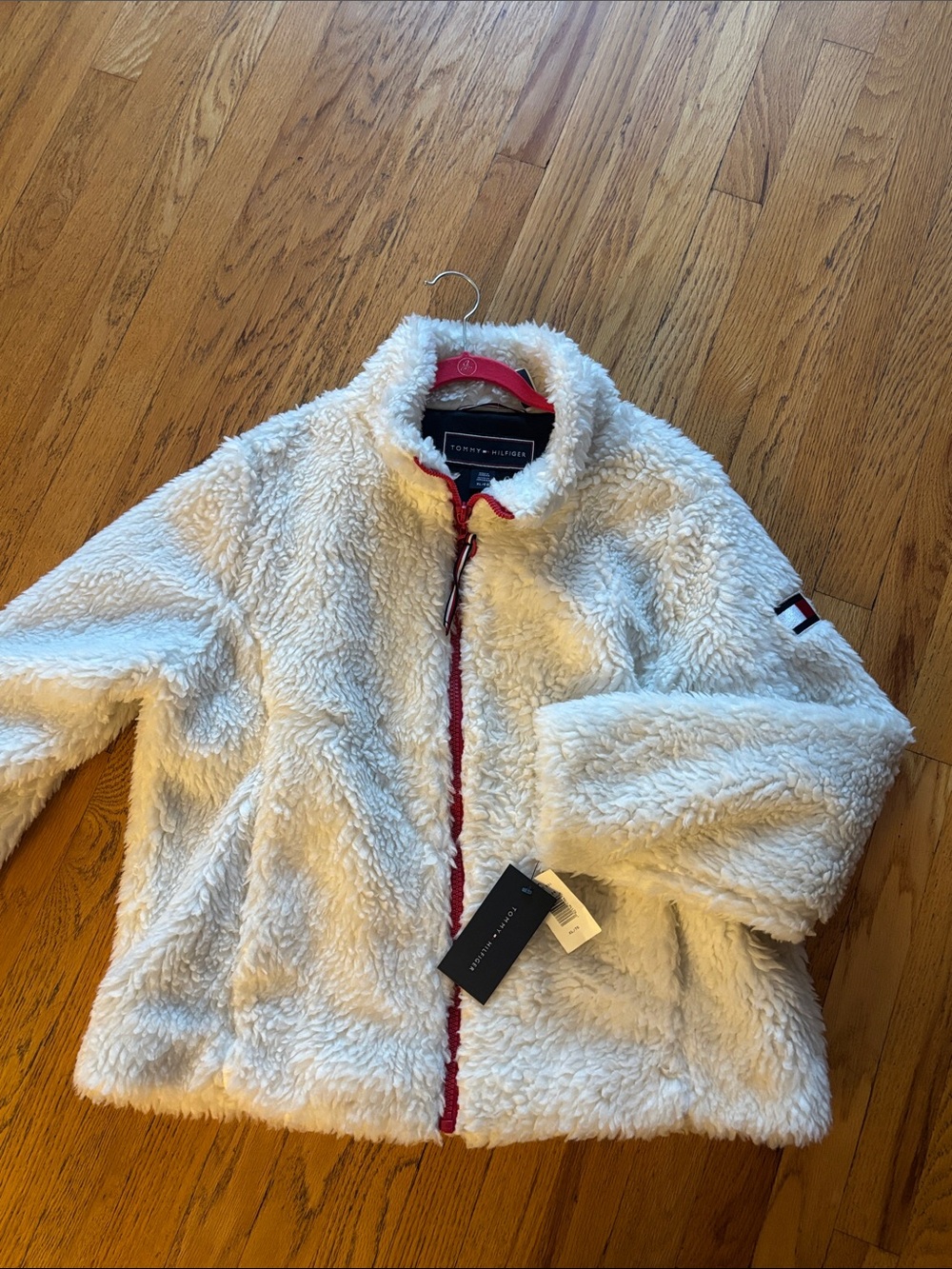 Tommy Hilfiger Cream Sherpa Jacket with Red Zip Accents